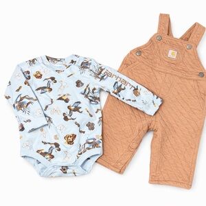 Carhartt Baby Outfit Set 6-9M | Quilted Overalls + Blue Graphic Onesie | EUC